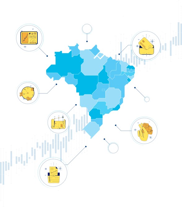 Mapa do Brasil estilizado com conexões que simbolizam os tipos de investidor